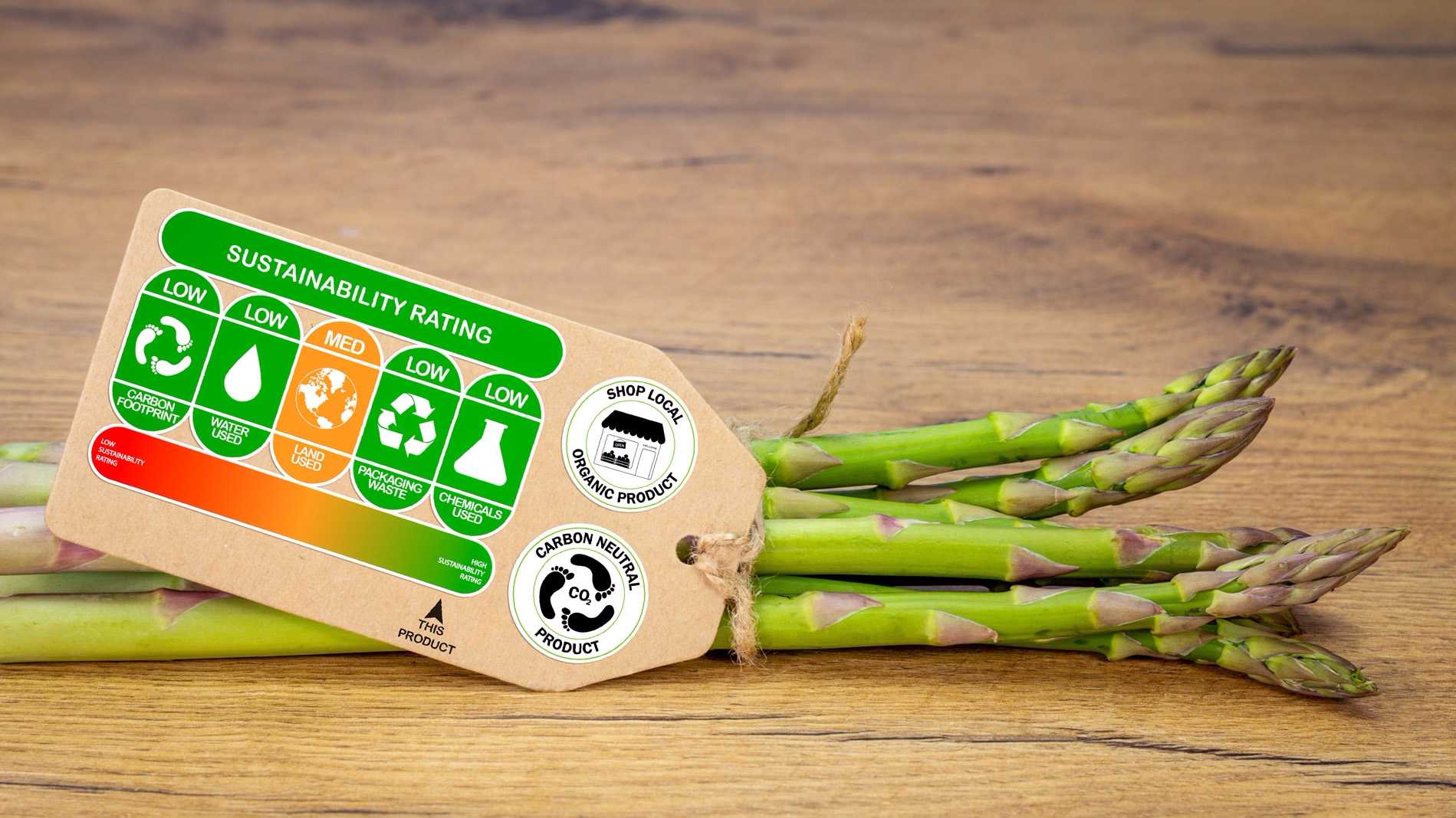 Das Bild zeigt Spargeln mit einem Etikett, das anzeigt, wie nachhaltig produziert sie sind.
